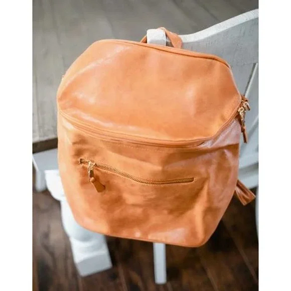 Camel tan vegan leather zipper detail backpack Camel tan vegan leather zipper detail backpack main image 2